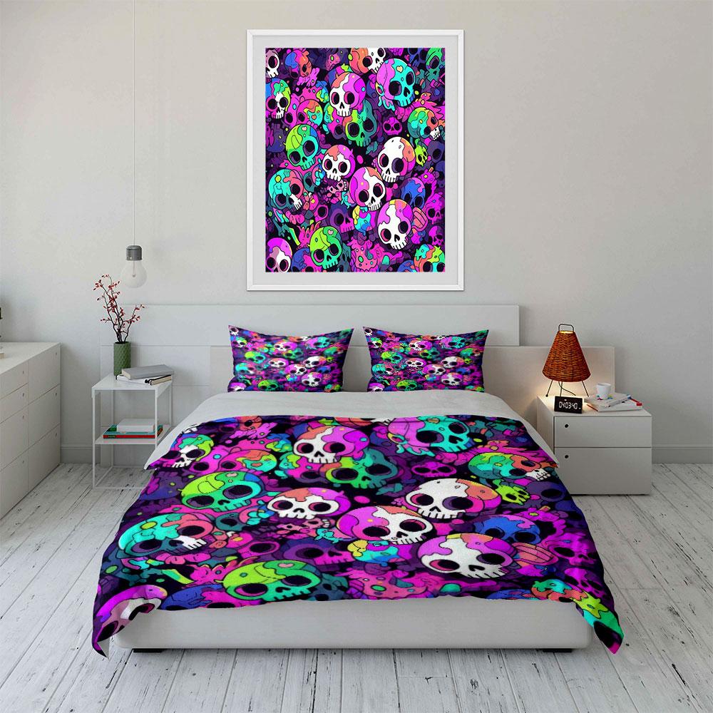 Colorful Skull Themed Decor Set Bedding Set With 1 Duvet Cover 2 Pillowcases Single Double King Queen, Gift