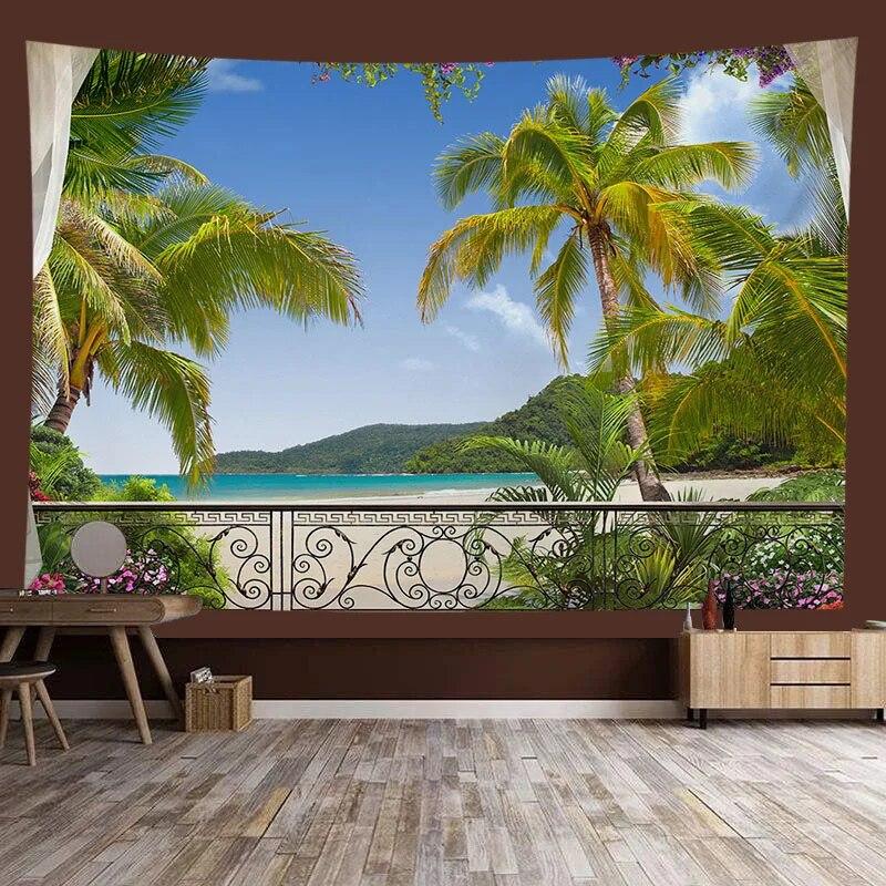 Window Sill Garden Beach View Large Tapestry Wall Hanging Bohemian Hippie Tapestry Room Aesthetic Living Room Home Decoration
