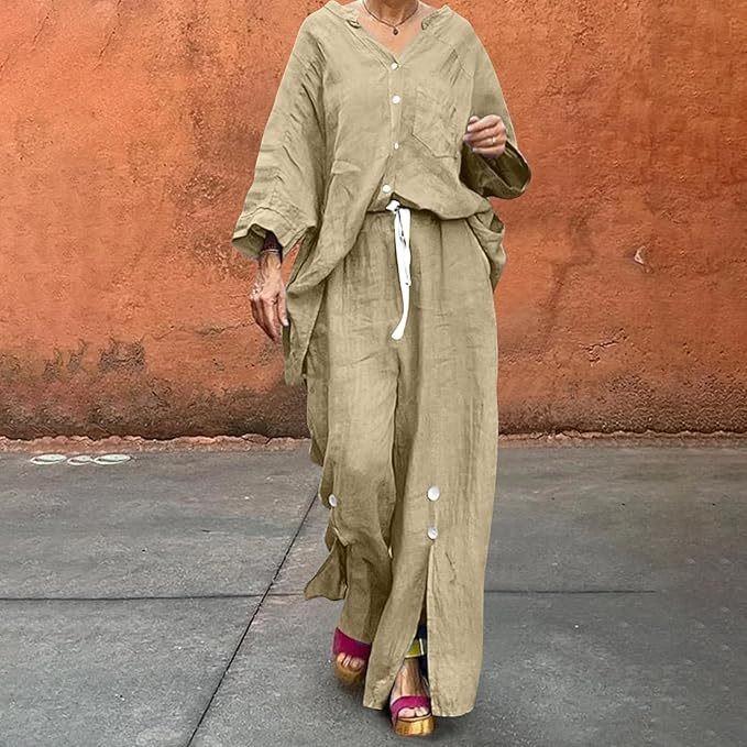 Casual Khaki Button Down Shirt and Wide Leg Pants Set with Drawstring Waist