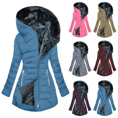 Winter Fur Collar Zipper Long-sleeved Slim-fit Warm Hooded Jacket Coat Cotton Women
