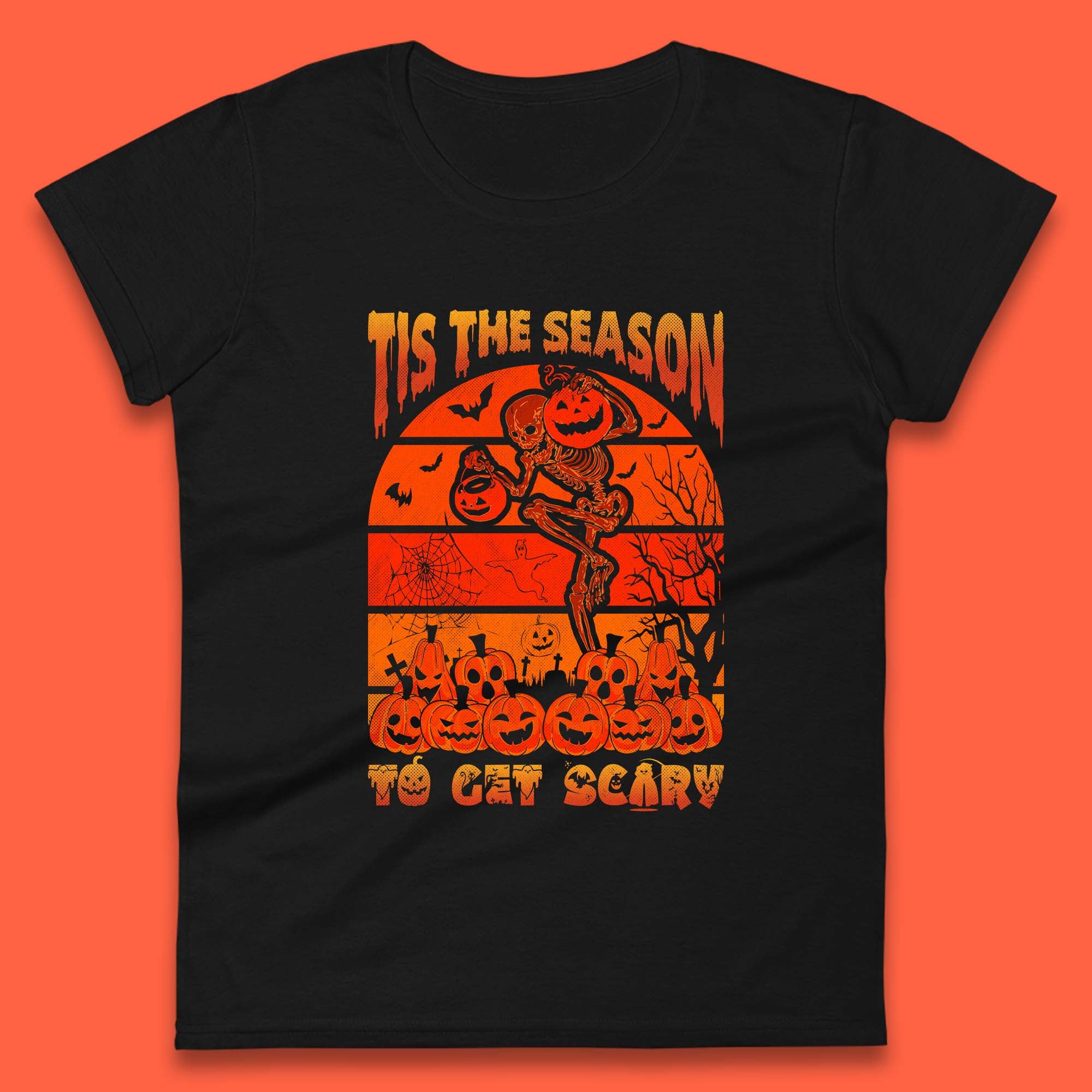 Tis The Season To Get Scary Halloween Skeleton Holding Pumpkin Buckets Spooky Vibes Womens Tee T Shirt Mens Tops Unisex Top S