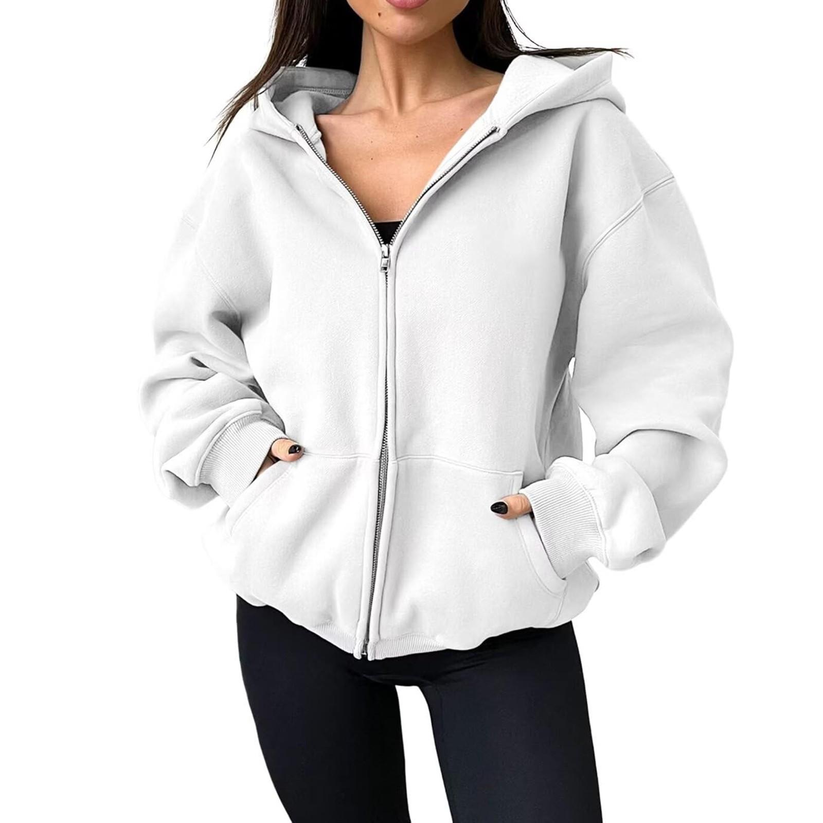 

Женские свободные толстовки с капюшоном на молнии, толстовки с длинным рукавом, флисовые куртки с капюшоном и карманами L белый