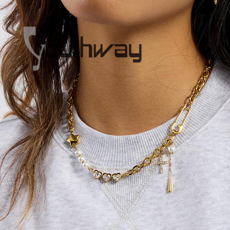 Youthway Y2K Patchwork Chain Design Stainless Steel Necklace Paperclip + Glossy Pentagram Cross with Zirconia Pendant Necklace