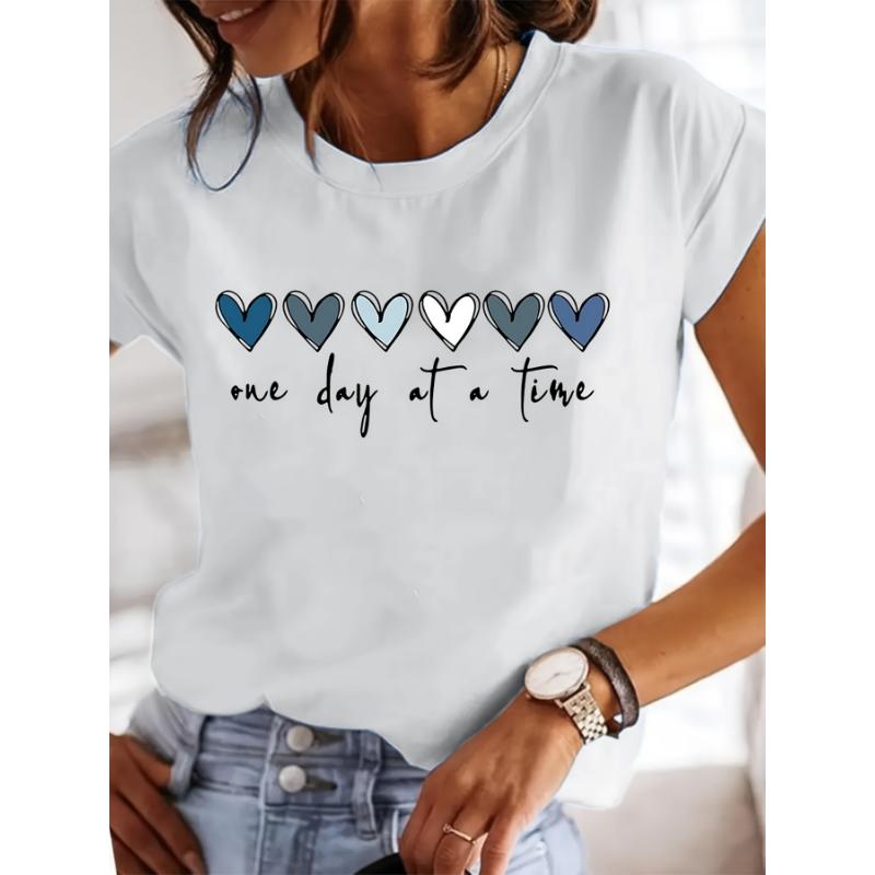 

Women S Casual Graphic T-Shirt - It S One Day at a Time Heart Print, Short Sleeve Round Neck Top for Spring & Summer XS