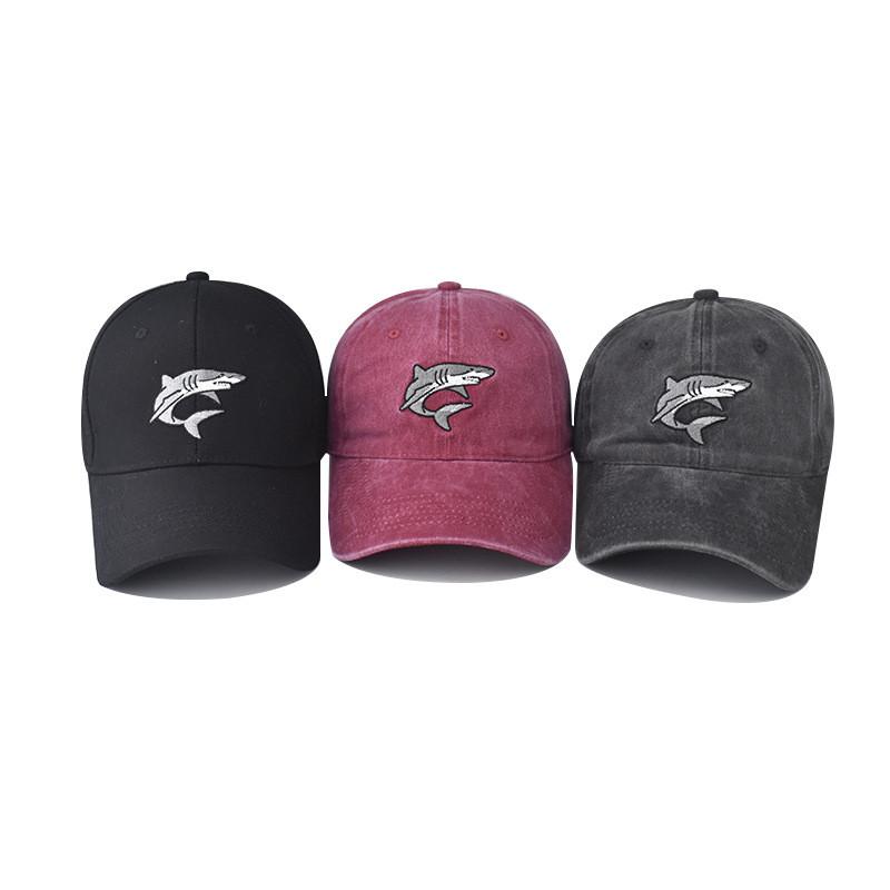 Neutral Wash Cotton Vintage Shark Embroidered Baseball Cap With Strap Adjustable