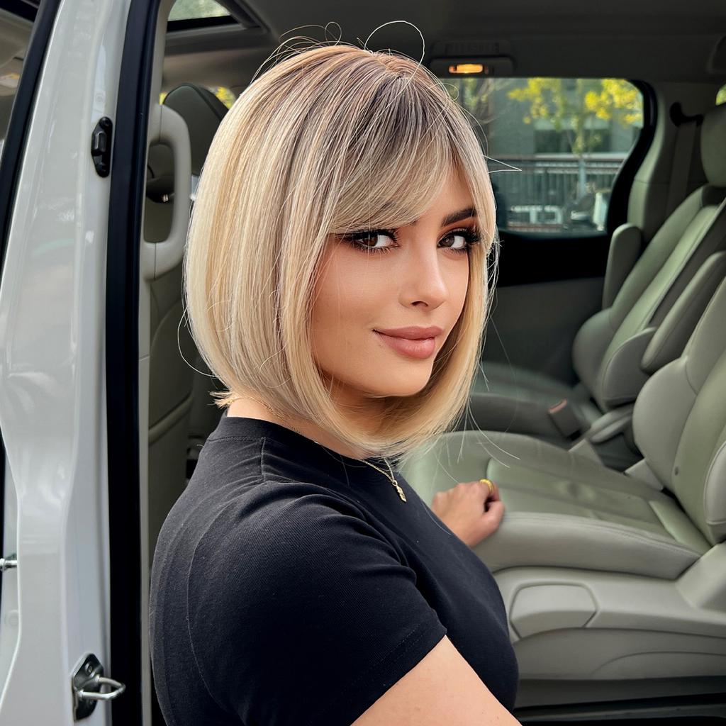 ALAN EATON Short Ombre Blonde Wig for Women Natural Straight Synthetic Hair Bob Wigs with Bang Party Daily Heat Resistant Hair