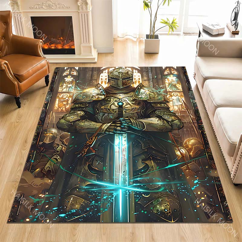 Knight holding glowing sword Print Carpet Rug for Living Room Bedroom Sofa Doormat Home Decor Non-slip Floor Mat
