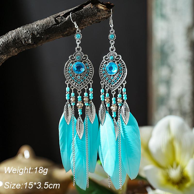 Blue Fashion Boho Temperament Water Drop Feather Earrings for Women Long Crystal Rhinestone Drop Oil Dangle Earring Jewelry
