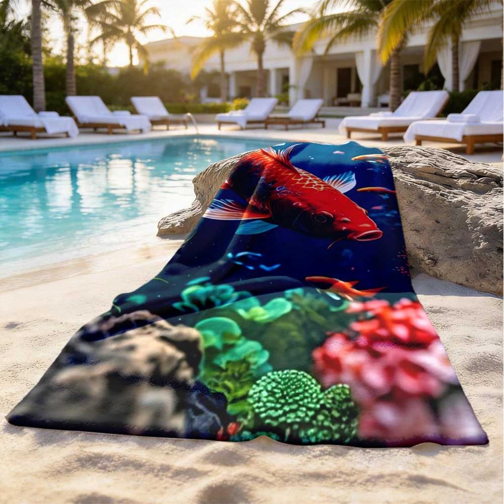 Koi-Fisch Strandtuch Japanischer Stil Druck Unterwasser-Szene Schnelltrocknend Mikrofaser Großes Badetuch Für Damen Herren Sommer Pool