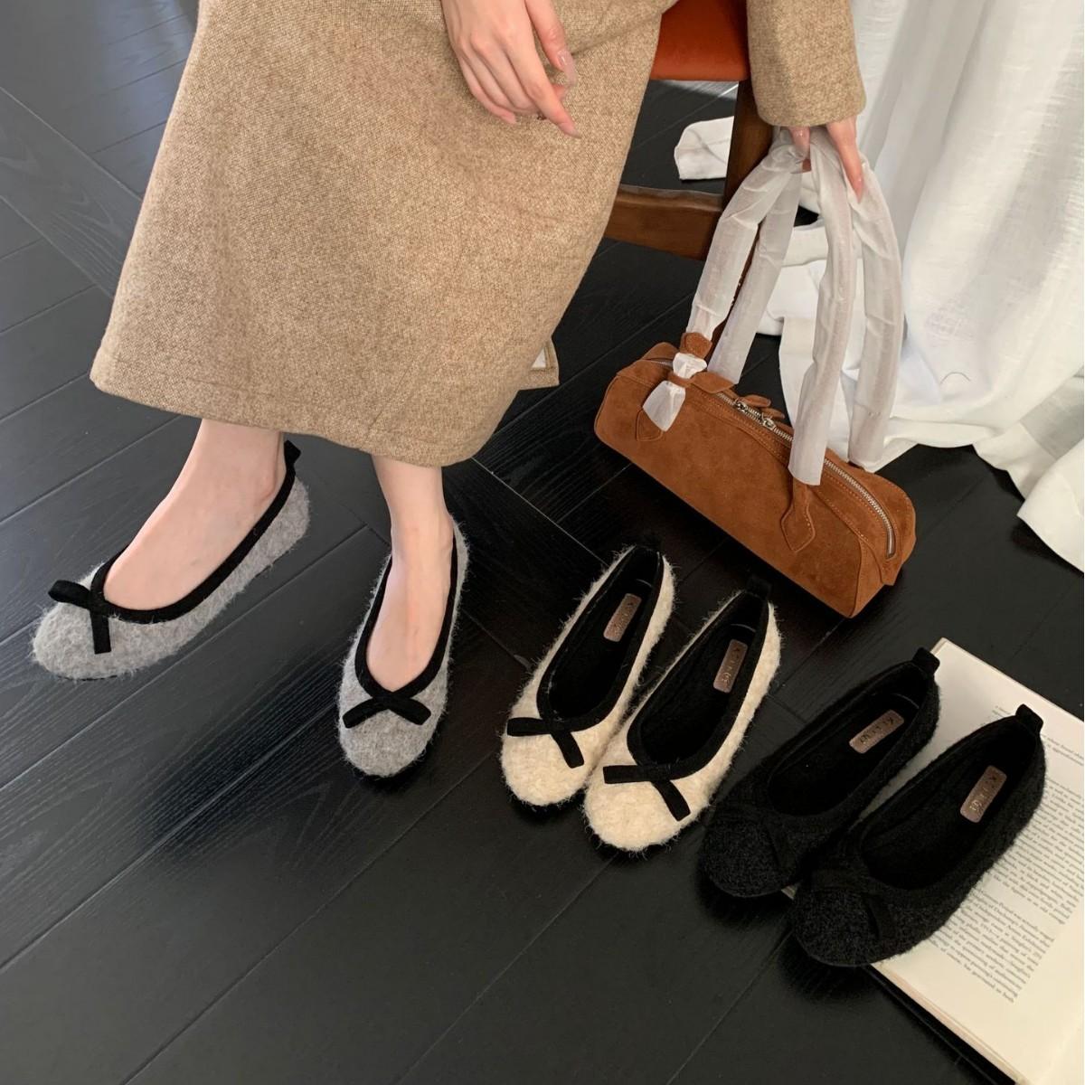 

2025 новая осенне-зимняя обувь из норкового пуха с бантом, пушистая, нежная, на плоской подошве, с неглубоким вырезом, Мэри Джейн, для通勤, OL, женская 39 абрикосовый