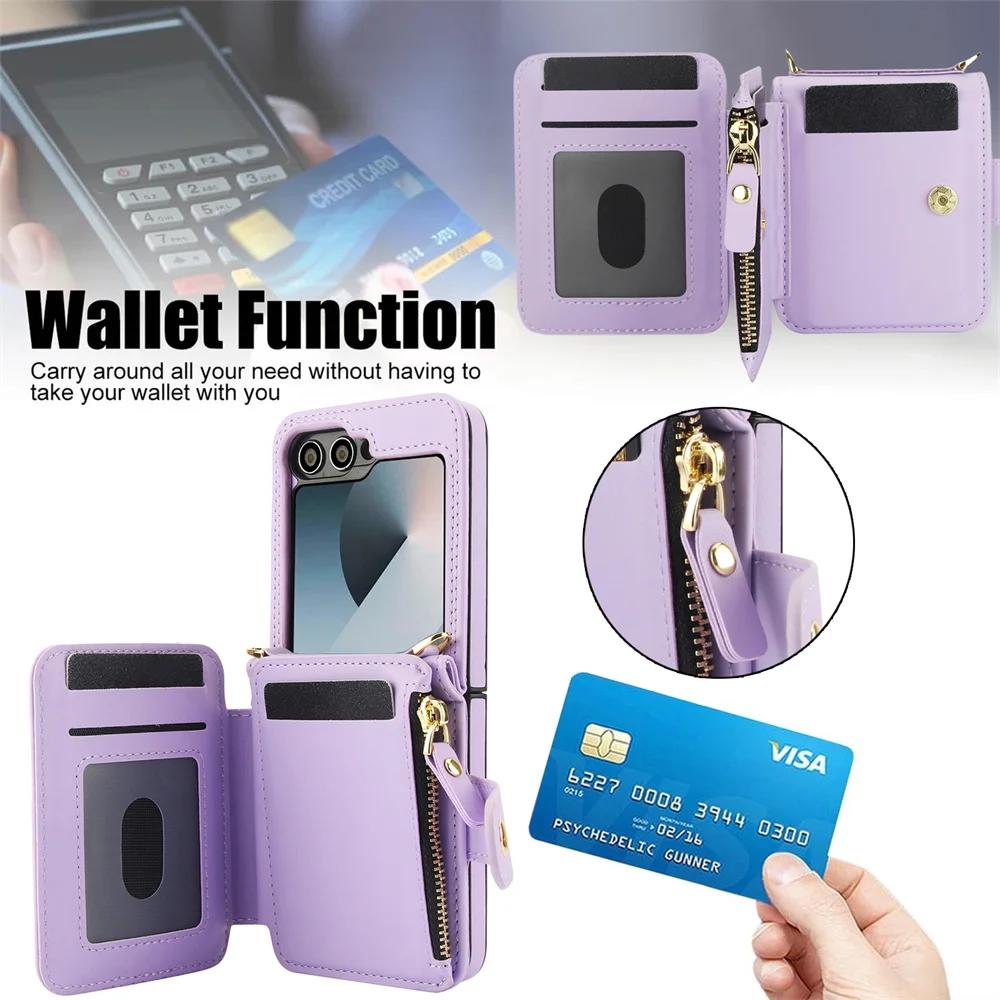 Crossbody Wrist Strap Wallet with Card Holder Phone Case for Samsung Galaxy Z Flip 6 5 4 3 Flip6 Flip5 Flip4 Flip3 Leather Cover