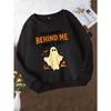 Girls' Spooky Halloween Sweatshirt - "It'S Right Behind Me Isn't It?" Ghost & Bat Print, Long Sleeve Round Neck Top with Pockets