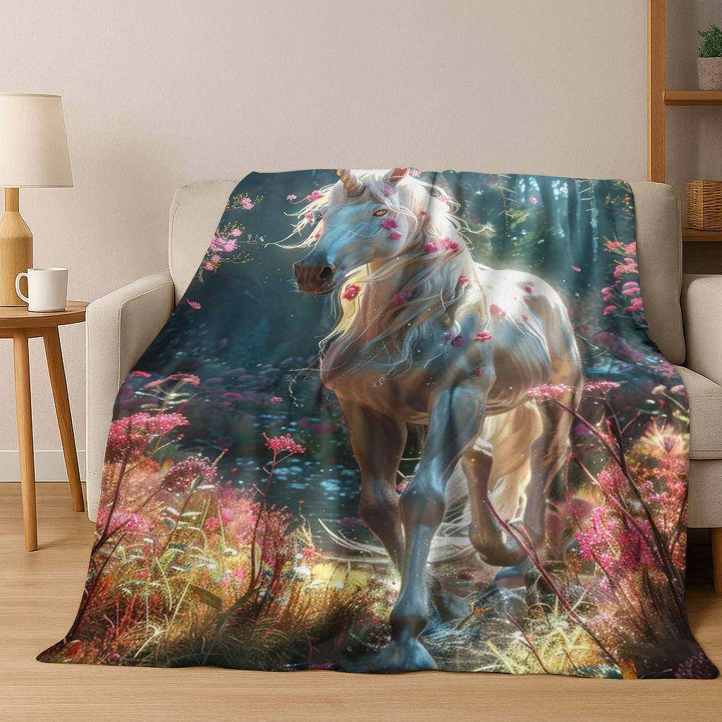 Kreslený duhový jednorožec Elfové Dívka Dárek Flanelová deka, Útulná měkká přehozová deka pro domov Ložnici Postel Pohovku Piknikový potah Děti