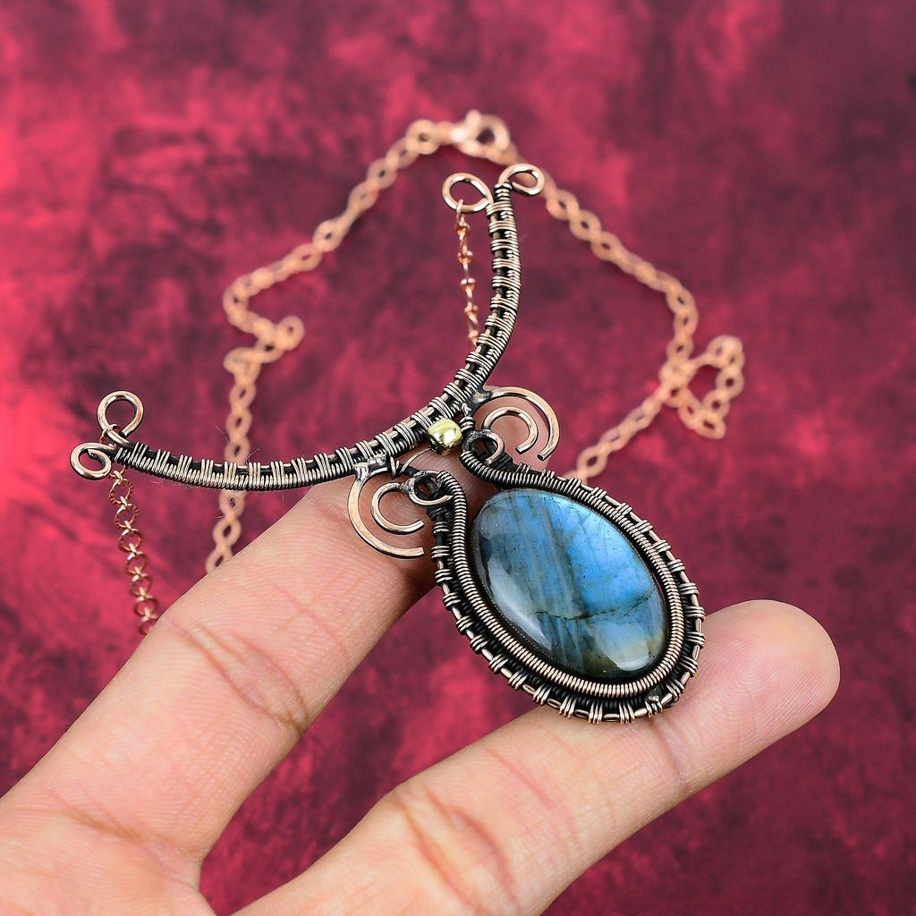 Labradorite Necklace Copper Wire Wrapped Necklace Adjustable Chain Necklace Copper Wire Jewelry Handmade Gemstone Necklace Anniversary Gifts