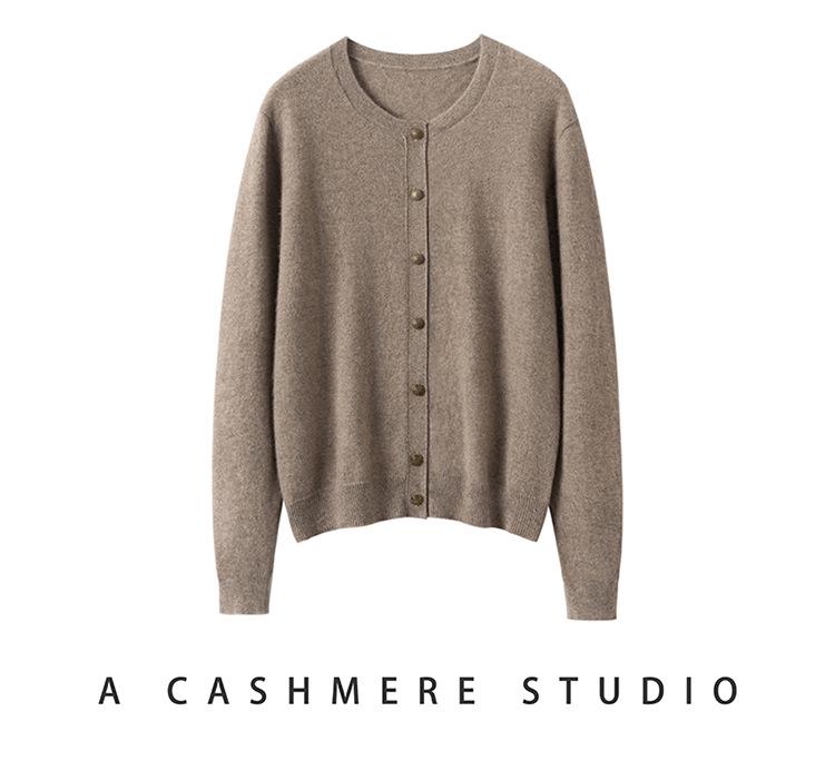 Women's 2026 Autumn/Winter Pure Cashmere Round Neck Cardigan - Single-Breasted, Commuter Style Sweater Jacket