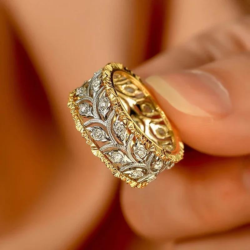 Huitan Luxurious Hollow-out Leaf Pattern Ring for Women Brilliant Two-tone Noble Accessories for Engagement Chic Wedding Zircon