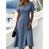 Women's Floral Print V Neck Maxi Dress Short Sleeve Wrap Waist Split A Line Casual Midi Dress