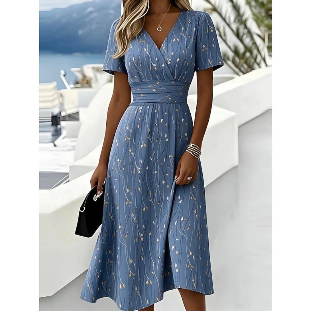 Women's Floral Print V Neck Maxi Dress Short Sleeve Wrap Waist Split A Line Casual Midi Dress