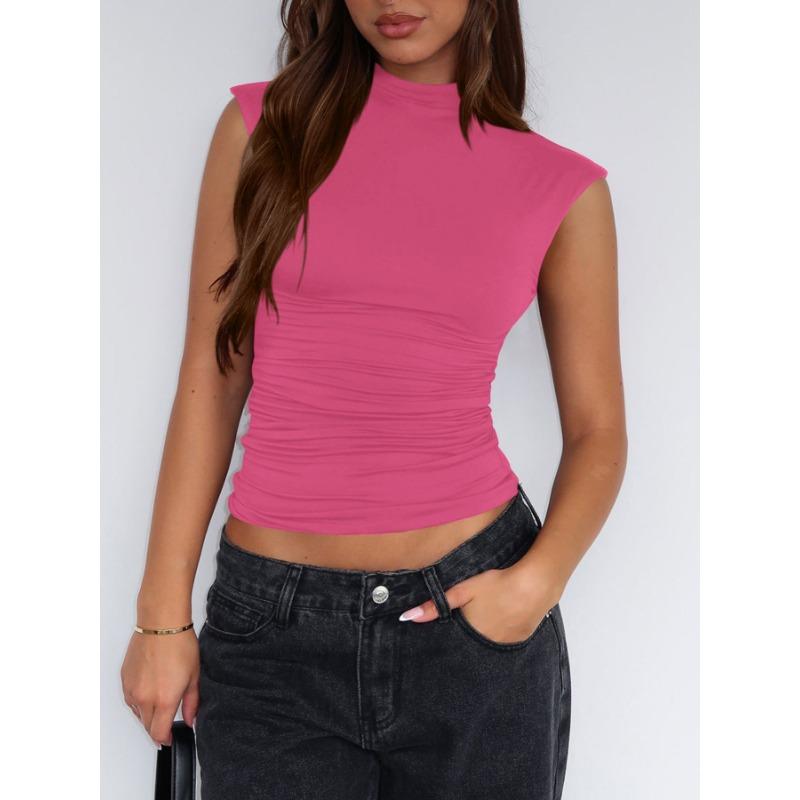 

YYFS Женская мода Повседневная Летняя Весна Однотонный Принт Без Рукавов Полуводолазка Блузки и Рубашки XXL розы красного