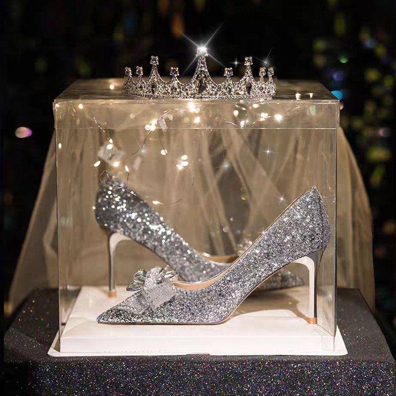 2025 French Style Wedding Crystal High Heels with Bow and Sequins