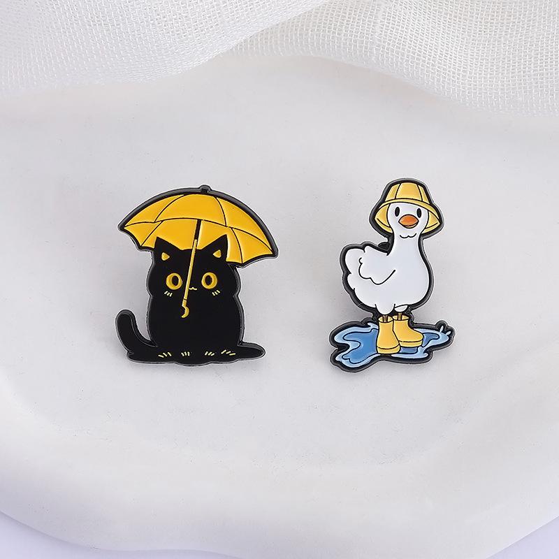 Funny Black Cat With Umbrella Enamel Pins Duck With Rain Boots Metal Brooches Lapel Badge Jewelry Gifts For Friends