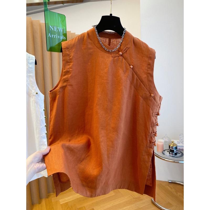 

Chinese Style Sleeveless Linen Top - Women s Stylish Summer 2026 Loose Blouse XXL оранжевый