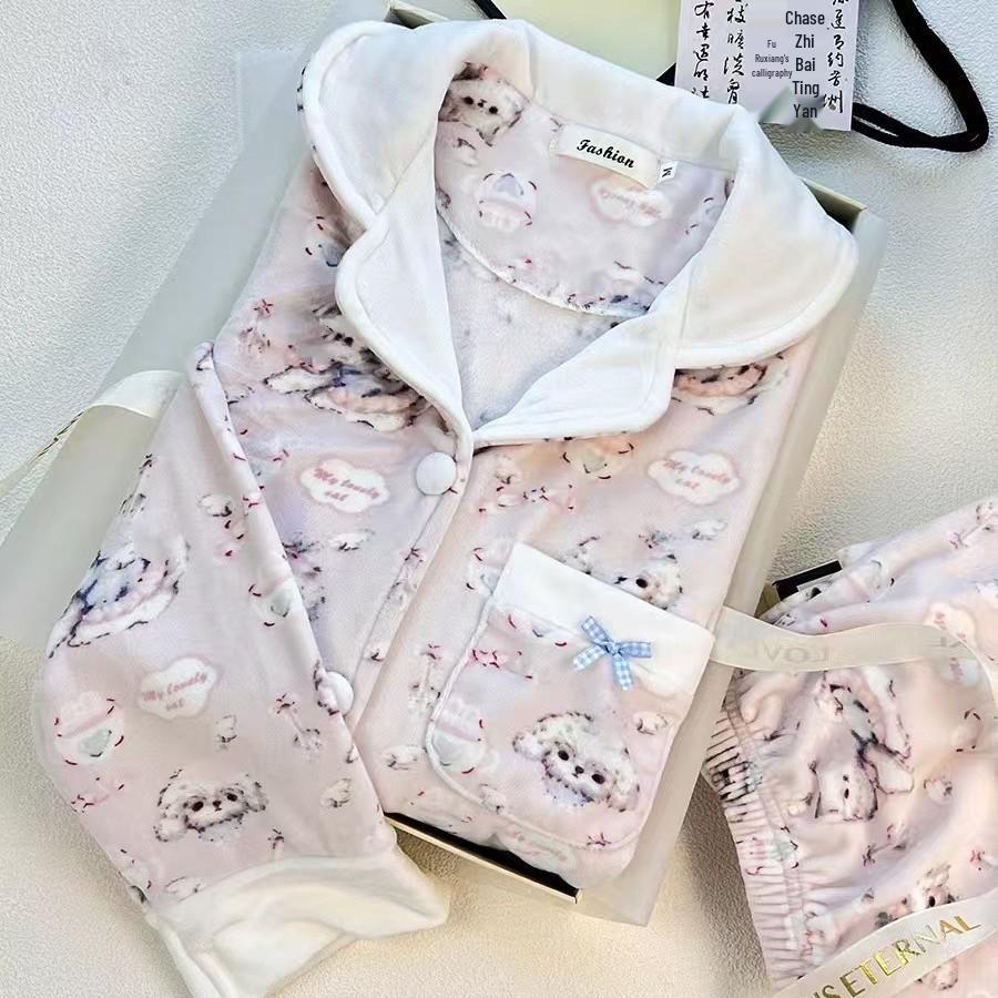 Women's Cartoon Dog Sea Island Cotton Pajama Set - Long Sleeve, Loose, Plus Size Homewear