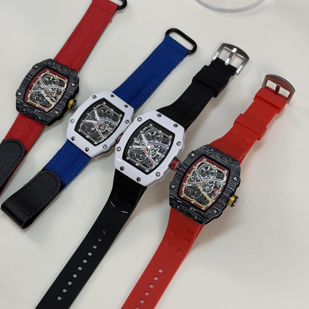 In Stock RM 6702 Slim Barrel Montre Homme Colorful Band Hollow 37.5mm Skeleton Dial Waterproof Sport Casual Quartz Wristwatch