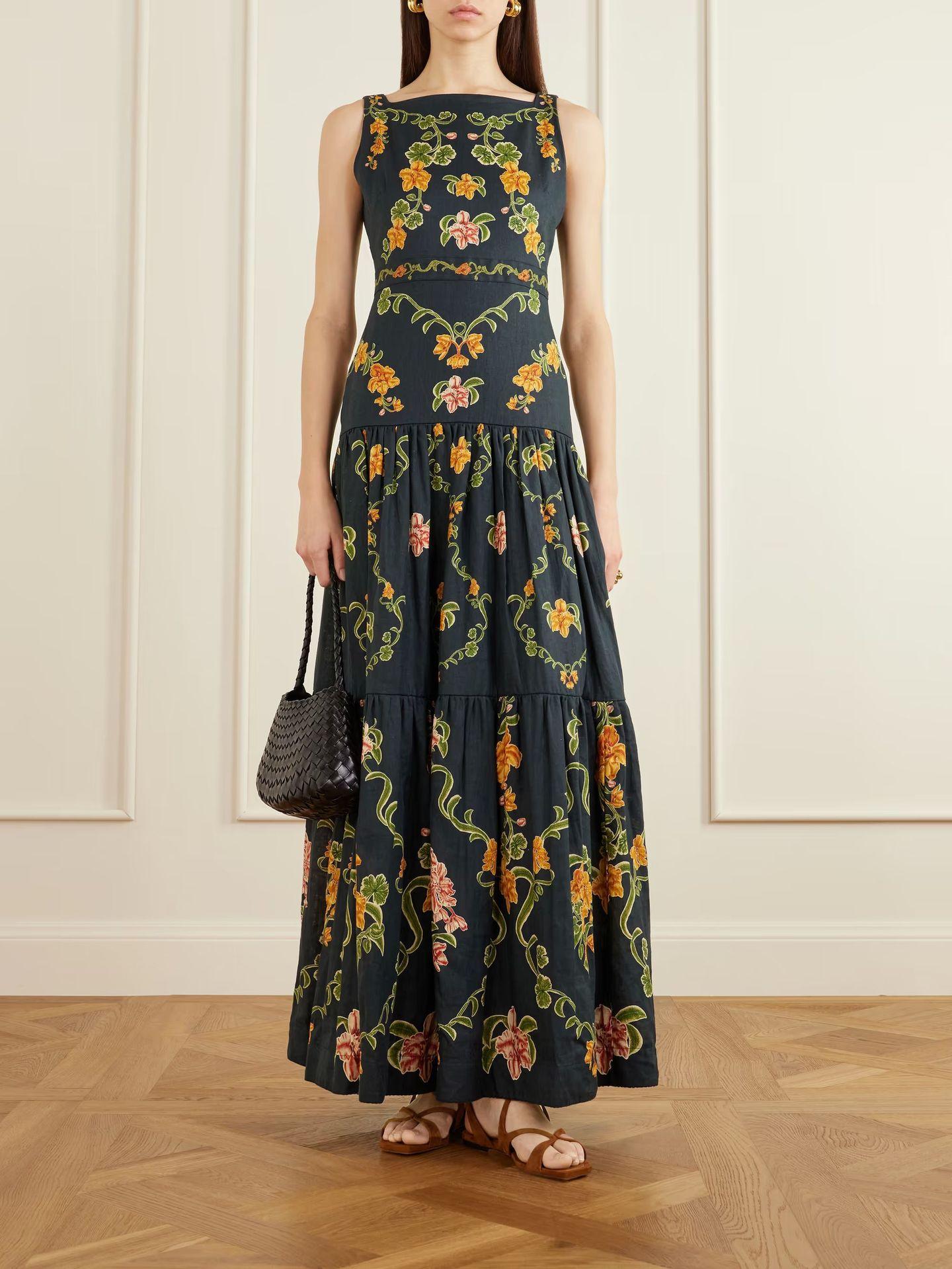 European and American 2026 temperament linen sleeveless flower splicing pendulum dress S чёрный