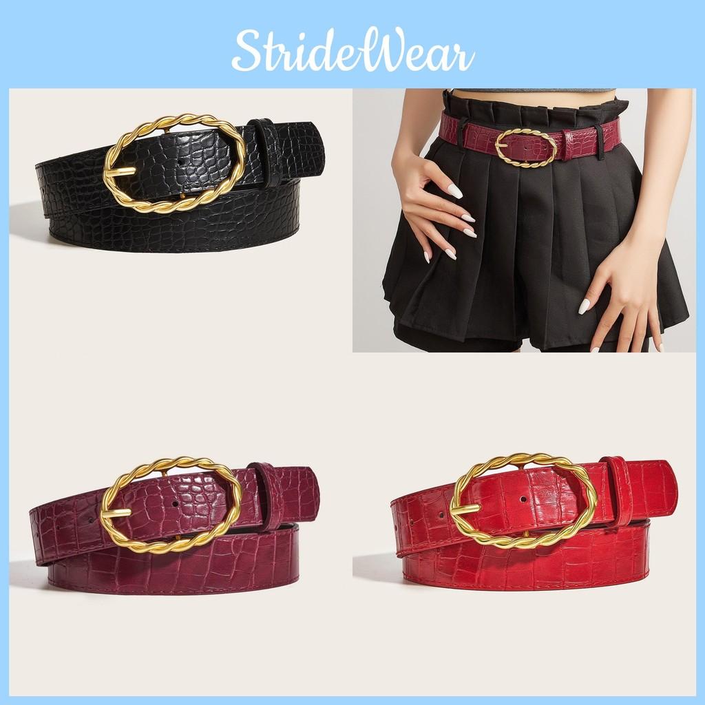 Womens Grain Stone Pu Leather Belt With Twists Oval Metal Buckle Everyday For