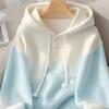 Chic Blue Gradient Knit Hooded Sweater, Korean Style Lazy High-end Women's Top for Spring Autumn