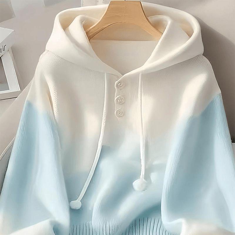 Chic Blue Gradient Knit Hooded Sweater, Korean Style Lazy High-end Women's Top for Spring Autumn