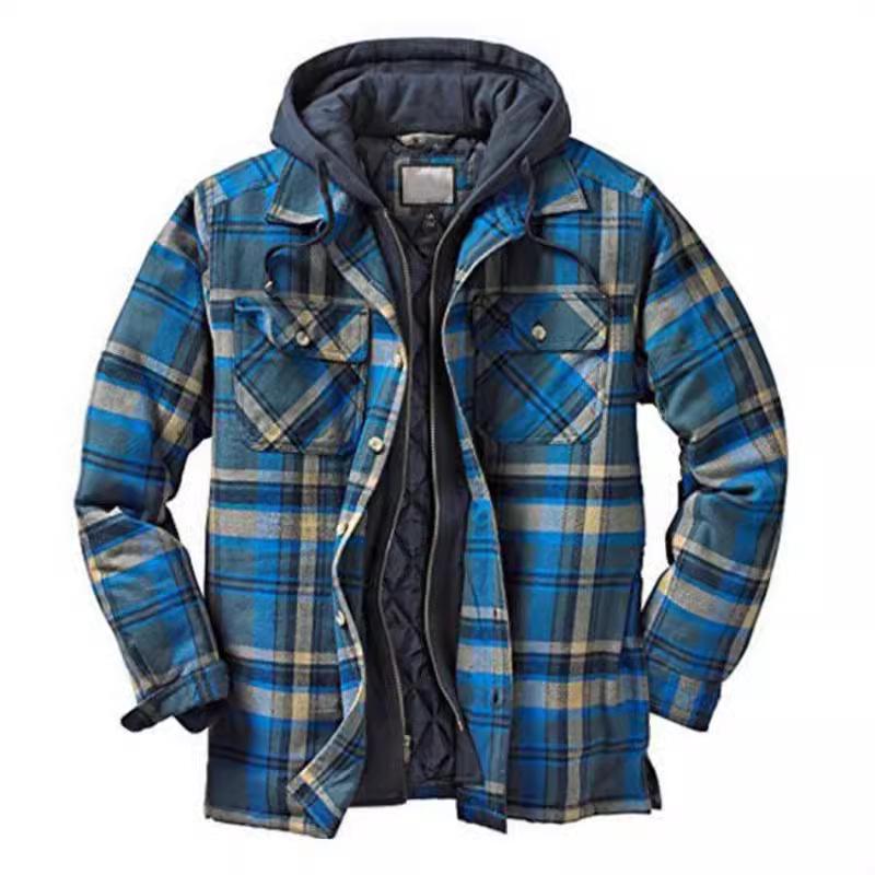 Men's Plaid Hooded Cotton Jacket: Thick, Long Sleeve, Loose-Fit for Autumn/Winter