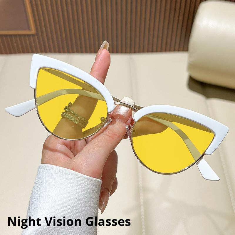 Metal Half-Frame Night Vision Anti-Blue Light Glasses Orange & Red Lenses Unisex Fashion Cat-Eye Gaming Eye Protection Glasses