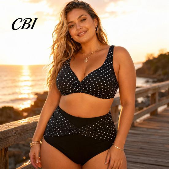 Tummy Control Swimsuit 2Pcs/Set Plus Size Bikini Set, Cross-Chest V-Neck Bra with Built-In Support, Dot Print Set High-Waisted Twist Swim Bottoms,