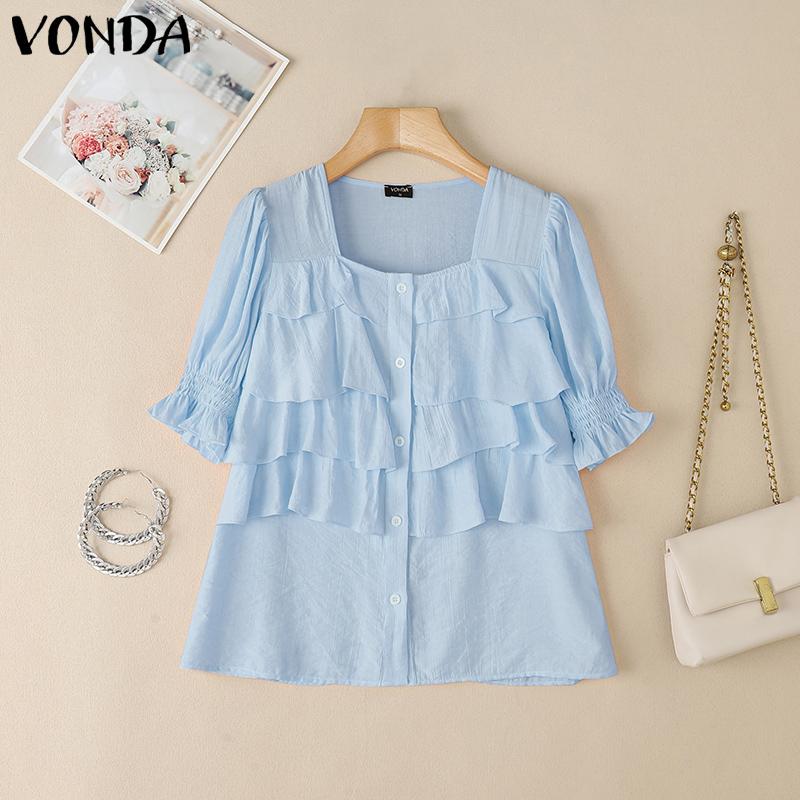 

VONDA Summer Women Square Collar Short Sleeve Ruffled Layers Buttons Casual Blouse 5XL синий
