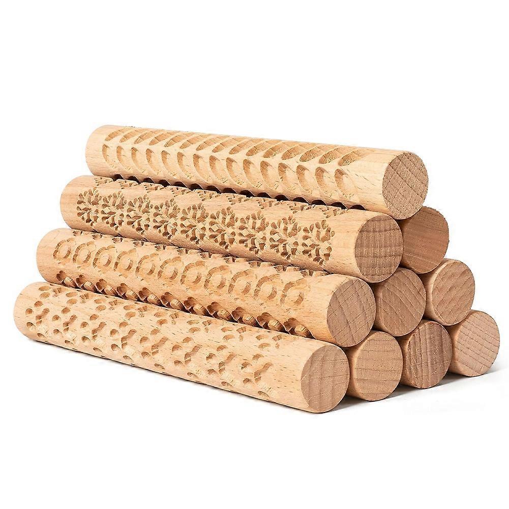 10 Pcs Wooden Clay Texture Roller Set for Pottery and Ceramics, Modeling Texture Rolling Pin Stenci