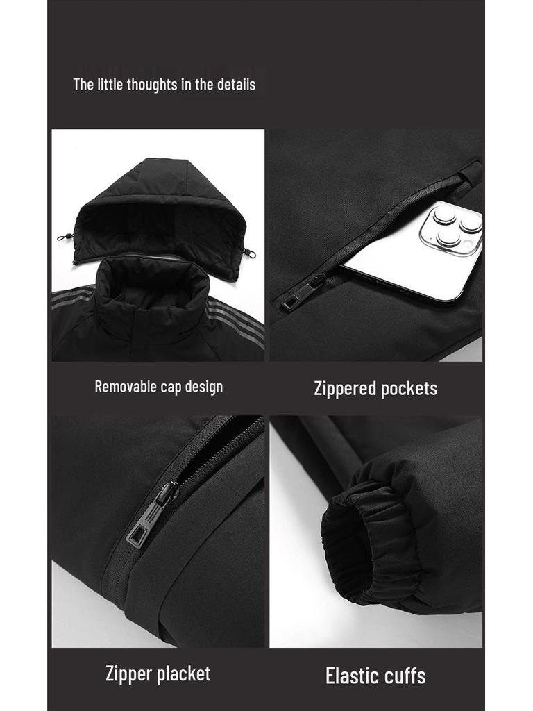 Men's Hooded Cotton Jacket - Windproof, Thickened, Three Stripes, Plus Velvet, Large Size Outerwear for 2025 Autumn/Winter.