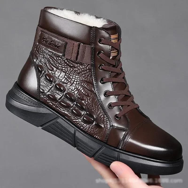 Zimowe Nowe Buty dla Mężczyzn Wełniane Botki Wysokie Cholewki Prawdziwa Skóra Buty Codzienne Outdoor Nadruk Krokodyla Buty Śnieżne