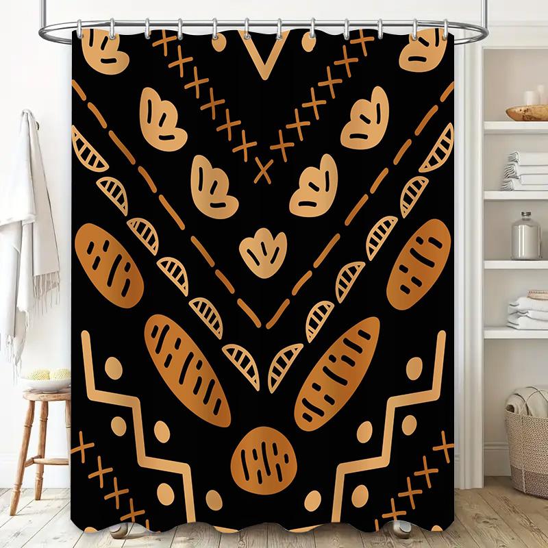 Modern Bathroom Shower Curtain with Black Background and Rustic Bread PatternsWaterproof Fabric for Wet Areas Decorative Home Te