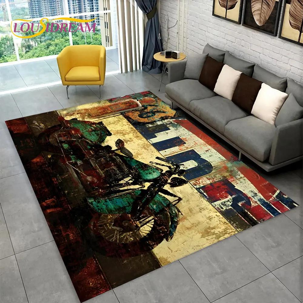 3D Retro Vintage Motorcycle Area Rug Large,Carpet Rug for Living Room Bedroom Sofa Doormat Decor,Child Play Non-slip Floor Mat