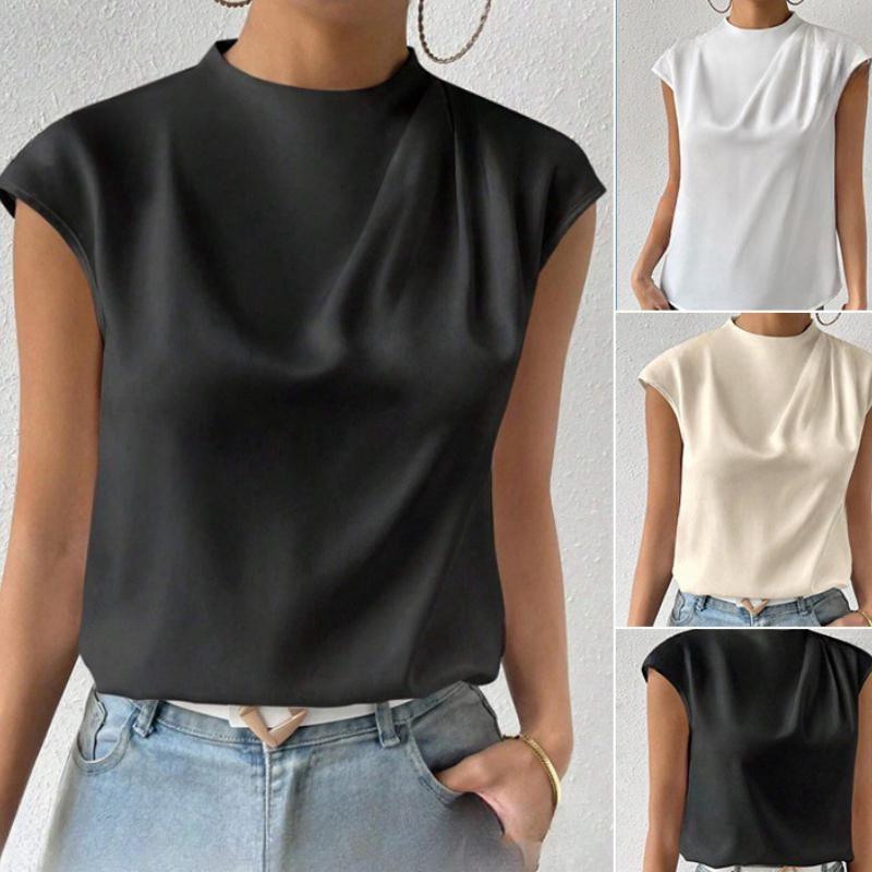 Fashion Loose Sleeveless Base Casual Shirts for Women Summer Tops Elegant Solid Stand Collar Loose Women Blouses Slim Simple Office Ladies Shirt 26395