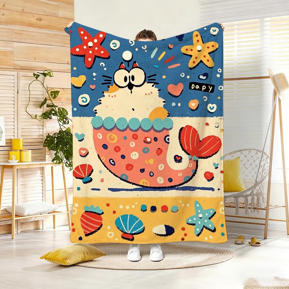Painting Cute Cat And Fish Throw Lightweight g Flannel Blanket Soft Skinfriendly for Summer Cooling