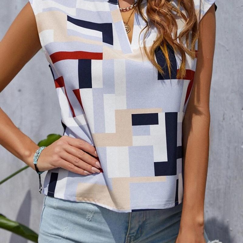 Damenmode, Sommer, Frühling, lässig, geometrischer Druck, ärmellos, V-Ausschnitt, Blusen und Hemden