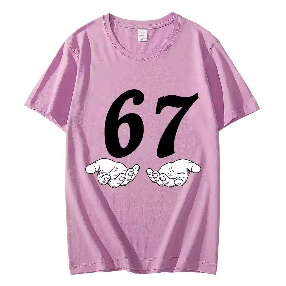 Amerikanischer Stil Six Seven 67 Cartoon Reine Baumwolle Bedruckt Sommer Neuer Modetrend T-Shirt für Unisex und Damen Locker Freizeit T-Shirt