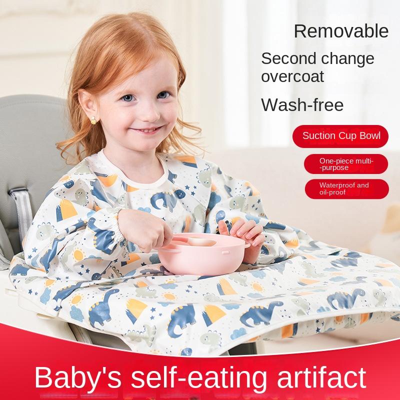 Waterproof Baby Feeding Bib Apron Smock, Full Coverage Mess-Free Bib with Table Cover for Kids 8M-5Y Boys Girls