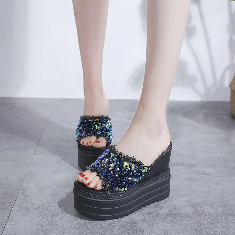 Women's Fashion Platform Slippers Designer Wedge Sandals Elegant Sequins Summer Party Shoes