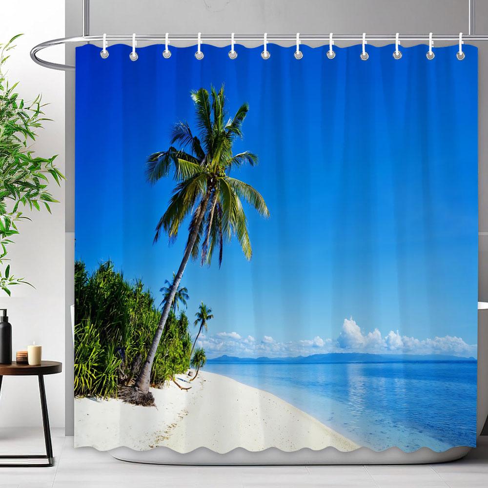 Sceneria Morska Zasłona Prysznicowa Niebieski Ocean Plaża Tropikalne Lasy Outdoor Natura Krajobraz Poliestrowe Zasłony Prysznicowe Wystrój Łazienki