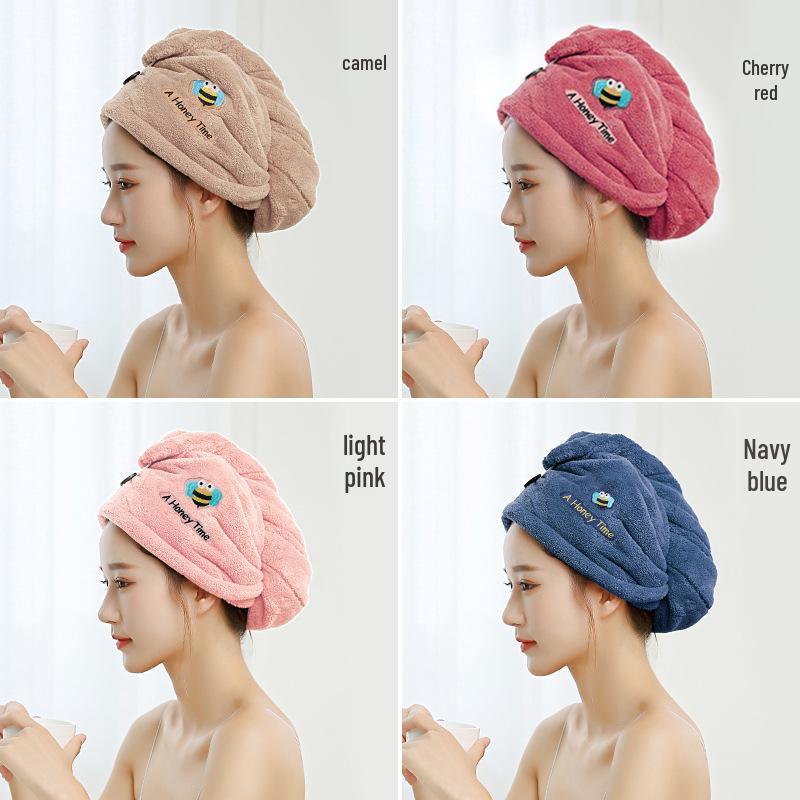 Classic Coral Fleece Embroidered Quick-Dry Hair Cap - Thick, Water-Absorbent & Shed-Resistant