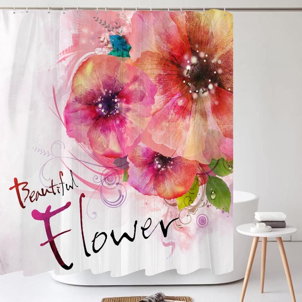 Watercolor Red Flower Shower Curtain Flowers and Plants Waterproof Polyester Bath Curtain For Bathroom Home Decor Accessories